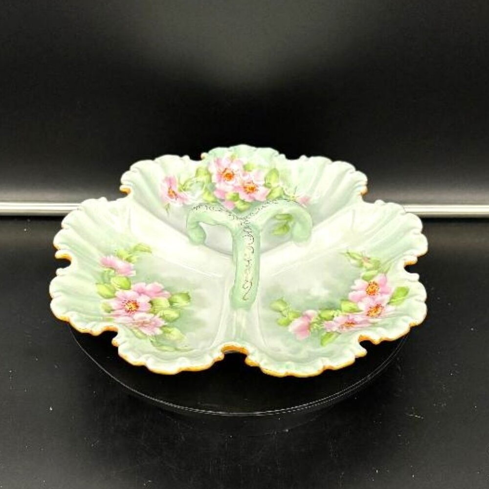 Vintage Art Nouveau Green Pink Floral Porcelain Divided Serving Dish Candy Nuts - Picture 2 of 6